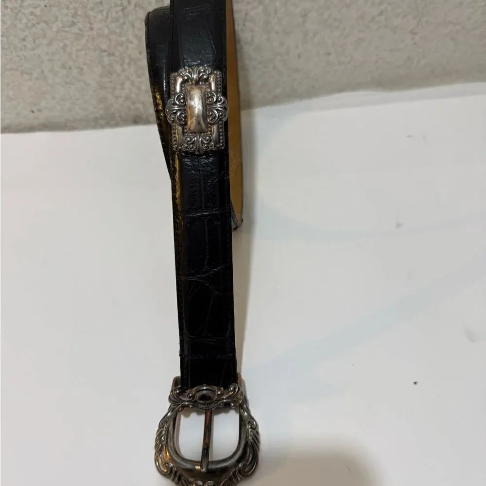 Enmon Belts Black Embossed Italian Leather Belt Silver Tone sz Small